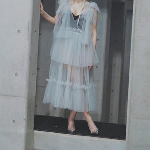 Maxi Tulle Long long gilet-style Dress,See Through Dress,Sheer Overlay Dress,Beach,Dress,High Fashion,Futuristic,Gothic/Tulle ruffles Dress
