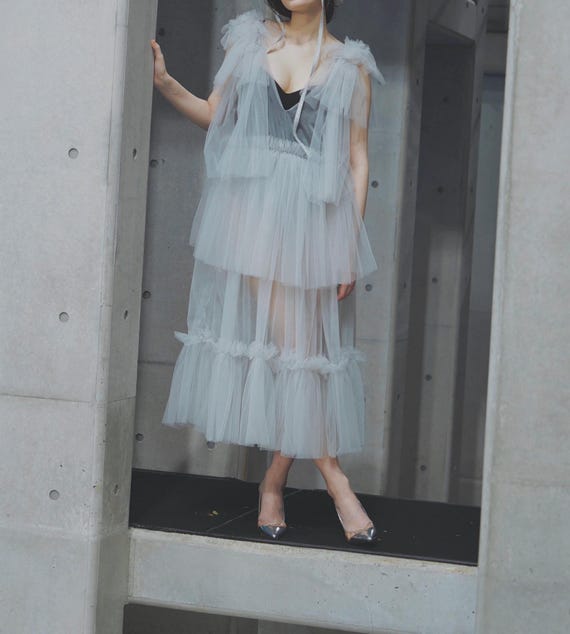 Maxi Tulle Long Long gilet-style Dress,See Through Dress,Sheer Overlay Dress,Beach,Dress,High Fashion,Futuristic,Gothic/Tulle ruffles Dress