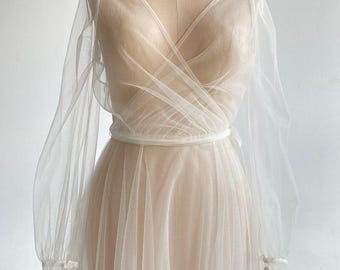 Bridal Sheer Tulle Overlay .Tulle Wrap Coat.Modern Bridal Dress.Tulle Cover up.Wedding Separates.Long Wedding Dress Overlay.Bridal Gown