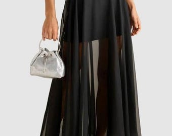 Transparent kjol för kvinnor, maxi-kjol i organza, aftonkjol, transparent organzakjol/dansfestkjol/damkjol/genomskinlig kjol, tyll