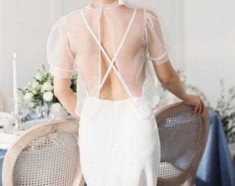 Sheer Organza Over top With Fitted Sleeve.Modern Bridal Top.Minimal Bride.Organza Cover up.Wedding Separates.Bridal Bolero.Dress Cover up