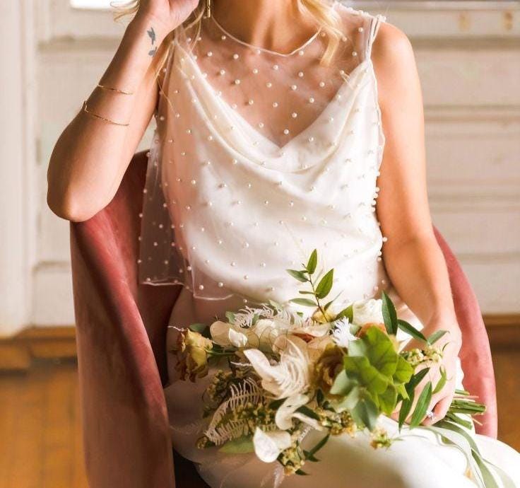 Pearl Wedding Topper/Wedding Tulle Bolero/Sheer Bridal Top/Bridal Pearl Bolero/Beaded Overlay Top/Beaded Overlay Top/Sheer Tulle Cover up