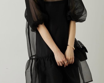 Women's Overlay Dress,Organza Mini dress,Summer wedding Dress,Sheer Shift Dress,Billowing Bridal dress,Cocktail party Dress/Sheer dress