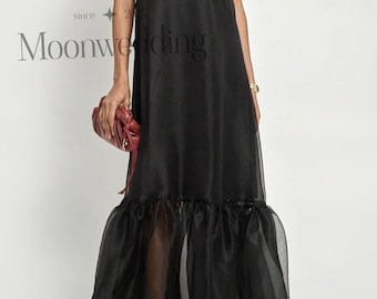 Vestido largo de organza transparente para novia/Vestido de novia moderno/Vestido con superposición de organza/Vestido largo con volantes/Vestido de dama de honor/Vestido de fiesta/Cuello alto