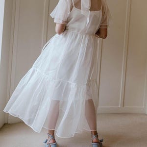 Vintage Bridal Organza Flared Midi dress,Organza Flared Overlay Dress/1990s Wedding Dress/Sheer Organza puffy bow tie Bridal white dress