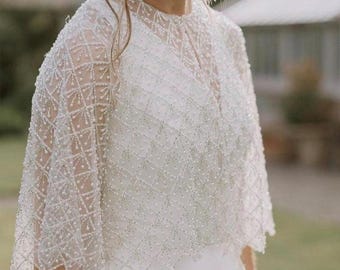 Sheer Tulle Bridal Topper With Long Sleeve.Modern Bridal Top.Handmade Embellished Top.Bridal Pearl Bolero. Beaded Bridal Blouse.Overlay top