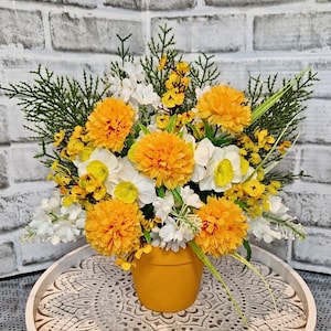 Yellow Artificial Flower Arrangement in Pot, Silk Faux Floral Decor, Realistic Spring Meadow Centerpiece