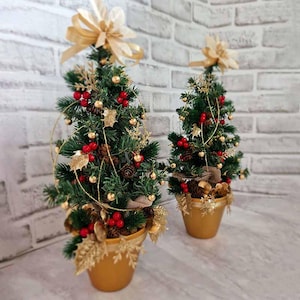 Mini Decorated Christmas Tree in Gold Terracotta Pot