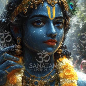 Lord Krishna in Rain – Digital Wall Art | Hindu Spiritual Poster Download