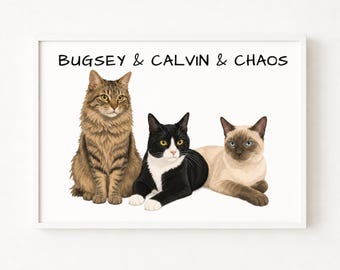 Three Pet Portrait from Photo, Custom Dog and Cat Illustration, Multi Pet Memorial Art