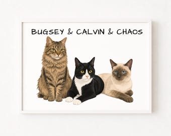 Multi Pet Portrait Illustration, Personalized Dog and Cat Drawing Memorial Art, Pet Family Wall Decor