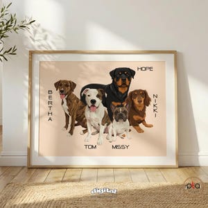 Może przedstawiać: Oprawiony wydruk z pięcioma portretami psów. Psy to Rottweiler, Jamnik, Buldog francuski, Pitbull i brązowy pies. Każdy pies ma imię: Hope, Nikki, Missy, Tom i Bertha.
