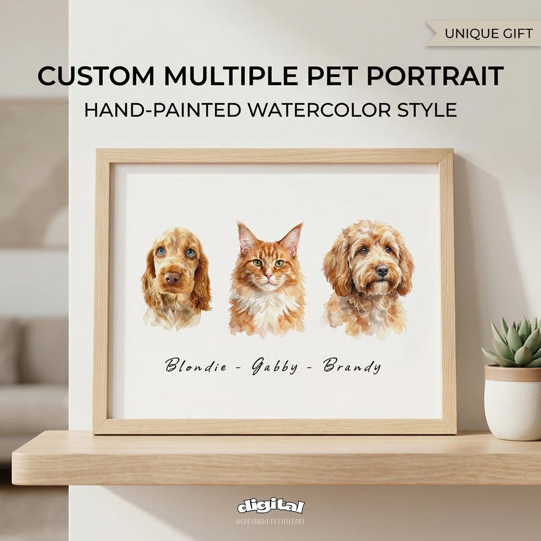 Custom Watercolor Pet Family Portrait: Dog or Cat Portrait, Pet ...