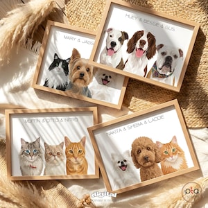 Peut inclure: Cinq portraits d'animaux encadrés, représentant des chiens et des chats. Chaque cadre a une finition en bois clair et contient un portrait de plusieurs animaux de compagnie avec leurs noms au-dessus. Les animaux sont de races et de couleurs variées, sur fond blanc.