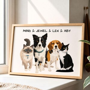 May include: A framed horizontal print featuring a digital illustration of four pets: a light brown and grey cat, a black and white Border Collie, a brown and white Beagle, and a black and white cat. The text MING & JEWEL & LEX & ABY is printed above.