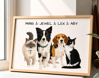 May include: A framed horizontal print featuring a digital illustration of four pets: a light brown and grey cat, a black and white Border Collie, a brown and white Beagle, and a black and white cat. The text MING & JEWEL & LEX & ABY is printed above.