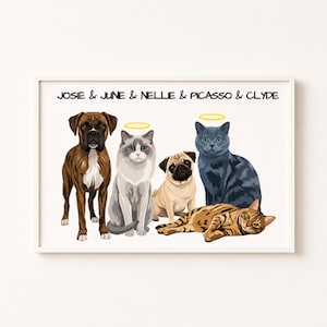 Puede incluir: Una impresión rectangular con una ilustración digital de cinco mascotas: un perro bóxer marrón, un gato gris y blanco con un halo amarillo, un pug beige, un gato gris sólido con un halo amarillo y un gato atigrado marrón tumbado. El texto dice JOSIE & JUNE & NELLE & PICASSO & CLYDE.