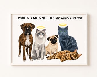 May include: A rectangular print featuring a digital illustration of five pets: a brown boxer dog, a fluffy grey and white cat with a yellow halo, a fawn pug, a solid grey cat with a yellow halo, and a brown tabby cat lying down. Text reads JOSIE & JUNE & NELLE & PICASSO & CLYDE.