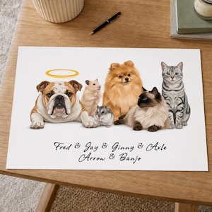Sechs Haustierporträts vom Foto, benutzerdefinierte Hundekatzenillustration, mehrere Haustierfamilien-Gedenkkunst