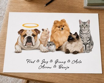 Six Pet Portrait from Photo, Custom Dog Cat Illustration, Multiple Pet Family Memorial Art