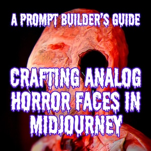Könnte beinhalten: Bild mit Text: "A Prompt Builder's Guide" und "Crafting Analog Horror Faces in Midjourney." Das Bild zeigt eine Nahaufnahme eines grotesken, fleischigen Schädels vor dunklem Hintergrund. Der Text ist in einer tropfenden Neon-Schriftart.