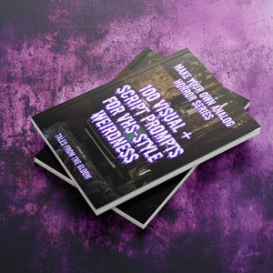 Stack of printed Analog Horror Series books placed on a distressed purple surface. The book cover features an old TV, gothic lighting, and the title in bold dripping text.