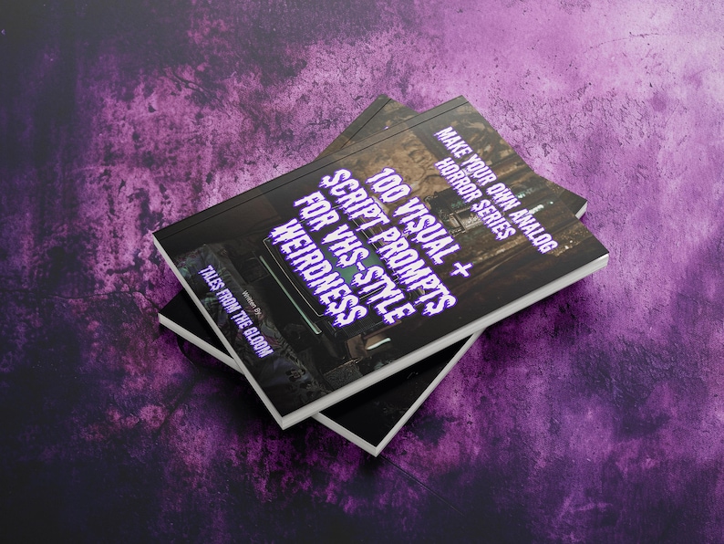 Stack of printed Analog Horror Series books placed on a distressed purple surface. The book cover features an old TV, gothic lighting, and the title in bold dripping text.