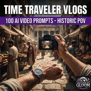 May include: A digital camera held in front of a marketplace scene with people in ancient attire, featuring a silver wristwatch on the wrist. The text reads: TIME TRAVELER VLOGS 100 AI VIDEO PROMPTS - HISTORIC POV and TALES FROM THE GLOOM.