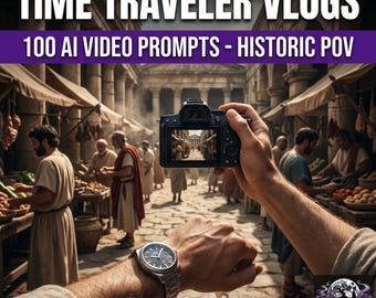 May include: A digital camera held in front of a marketplace scene with people in ancient attire, featuring a silver wristwatch on the wrist. The text reads: TIME TRAVELER VLOGS 100 AI VIDEO PROMPTS - HISTORIC POV and TALES FROM THE GLOOM.