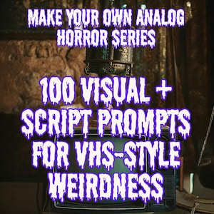 May include: Image features text that reads "MAKE YOUR OWN ANALOG HORROR SERIES" and "100 VISUAL + SCRIPT PROMPTS FOR VHS-STYLE WEIRDNESS" in a purple, dripping font. The text is superimposed over a vintage television set.