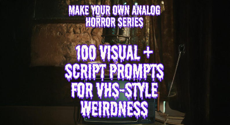 Promotional graphic for the Analog Horror Series PDF, featuring a vintage TV in a dim room with eerie purple dripping text that reads: ‘100 Visual + Script Prompts for VHS-Style Weirdness.’