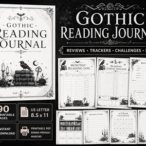 Può includere: Un diario di lettura gotico con 90 pagine stampabili in formato 21,6 x 27,9 cm. La copertina e le pagine interne presentano illustrazioni in bianco e nero di teschi, corvi, candele e rose, con sezioni per recensioni, tracker e sfide.