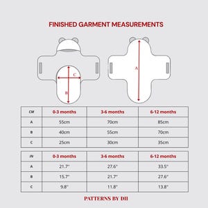 May include: Diagram of baby garment measurements in inches and centimeters. The image shows the finished garment measurements for three sizes: 0-3 months, 3-6 months, and 6-12 months. The text "FINISHED GARMENT MEASUREMENTS" is at the top.