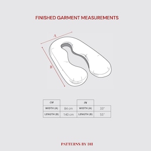 Peut inclure: Sch&eacute;ma d'un oreiller blanc en forme de U avec des mesures. La largeur est de 84 cm et la longueur de 140 cm. Le texte "FINISHED GARMENT MEASUREMENTS" et "PATTERNS BY DII" sont &eacute;galement visibles.