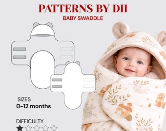 May include: A baby swaddle with a hood featuring bear ears, decorated with a light-colored pattern of houses, trees, and small animals. The image includes a technical diagram of the swaddle, the text PATTERNS BY DII, BABY SWADDLE, 0-12 months.