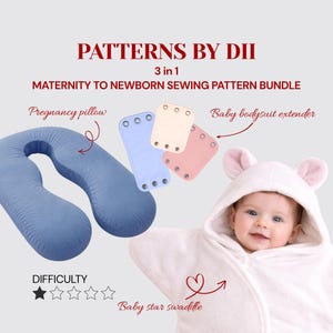 以下が含まれることがあります： PATTERNS BY DIIというタイトルの3-in-1裁縫パターンバンドル。青いU字型の妊娠用枕、青・クリーム・ピンクの長方形のベビーボディスーツ用エクステンダー、クマの耳が付いた白い星型のフード付きおくるみが含まれています。