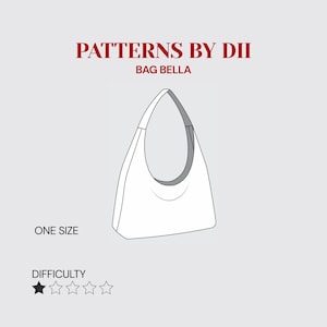 May include: A white shoulder bag design with a curved top handle. The text "PATTERNS BY DII BAG BELLA" is at the top. The text "ONE SIZE" is on the left side. The difficulty level is indicated by one black star out of five.