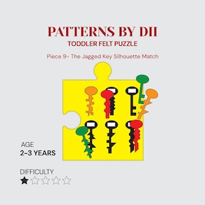 Puede incluir: Una pieza de rompecabezas de fieltro amarillo etiquetada PATTERNS BY DII TODDLER FELT PUZZLE Piece 9- The Jagged Key Silhouette Match. Presenta varias siluetas de llaves de colores naranja, rojo, negro y verde, para edades de 2-3 años y una estrella de dificultad.