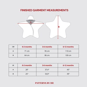 May include: Diagram of a star-shaped baby garment with measurements in inches and centimeters. The text "FINISHED GARMENT MEASUREMENTS" is at the top. Measurements are provided for 0-3, 3-6, and 6-12 months.