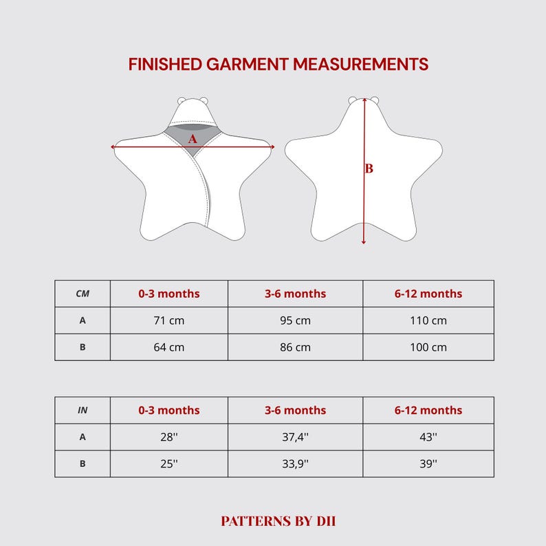 May include: Diagram of a star-shaped baby garment with measurements in inches and centimeters. The text "FINISHED GARMENT MEASUREMENTS" is at the top. Measurements are provided for 0-3, 3-6, and 6-12 months.