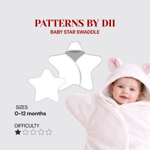 Puede incluir: Un bebé envuelto en una envoltura blanca en forma de estrella con capucha y orejas rosas. La imagen incluye un patrón para una envoltura de bebé estrella, tallas 0-12 meses, y el texto "PATTERNS BY DII BABY STAR SWADDLE."