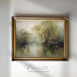 Vintage Willow Landscape Art Print | Moody Marsh Painting (Digital Download)