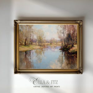 River Landscape Art Print | Calm Creek Reflection Painting (Digital Download)