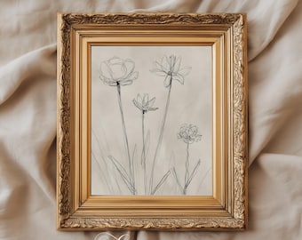 Minimalist Flower Line Drawing Wall Art Print | Botanical Sketch (Digital Download)