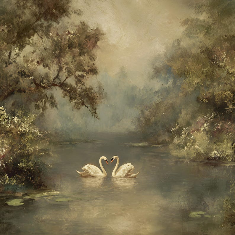 Vintage Swan Lake Art Print | Romantic Landscape Painting (digital ...