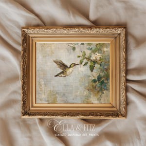 Neutral botanical wall art printable with hummingbird and creamy background