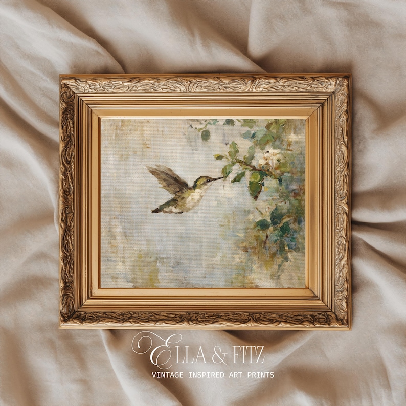 Neutral botanical wall art printable with hummingbird and creamy background