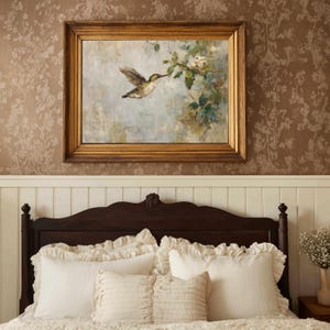 Bedroom mockup with vintage hummingbird print and soft spring cottage decor