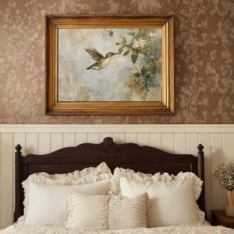 Bedroom mockup with vintage hummingbird print and soft spring cottage decor