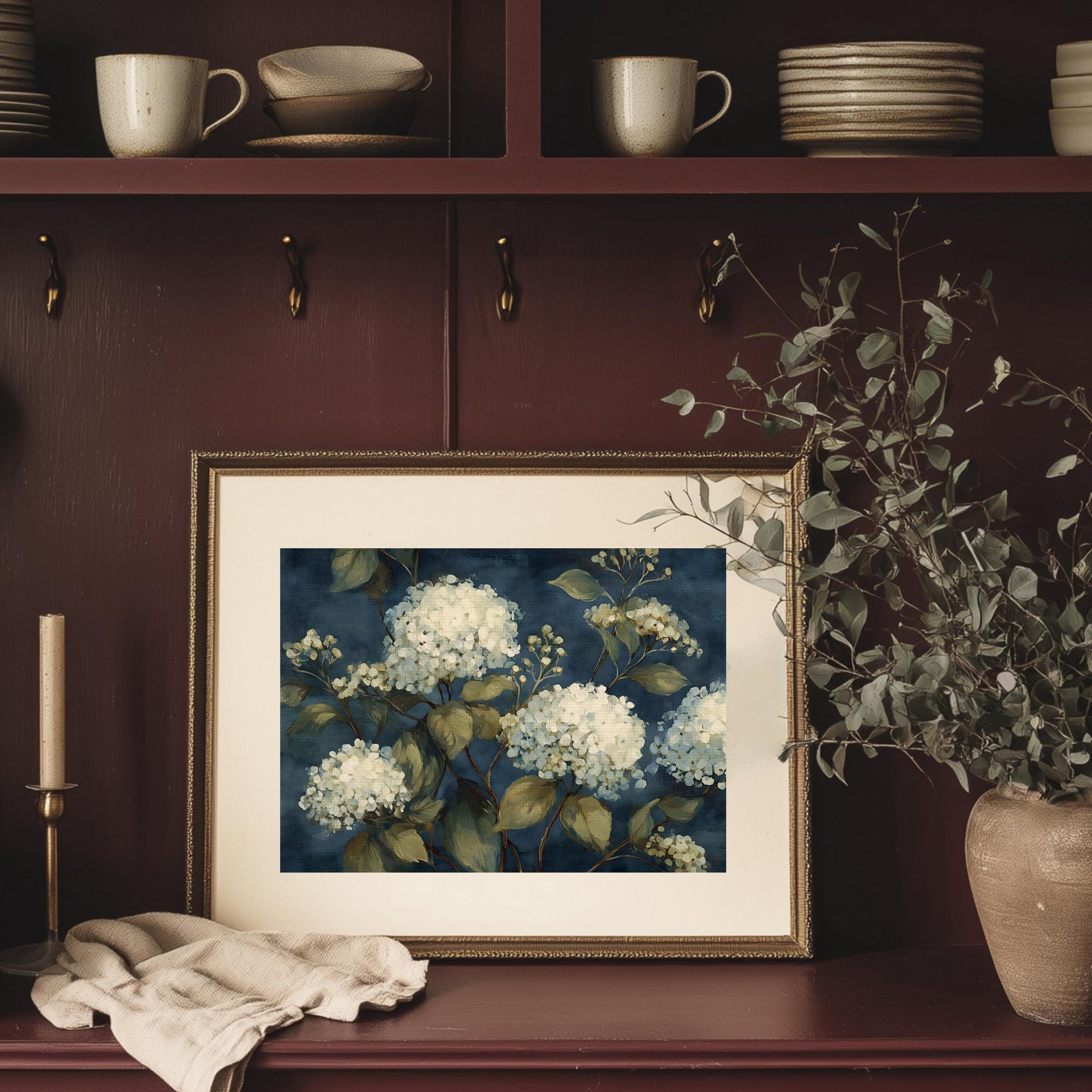 Vintage Hydrangea Art Print | Moody Blue Floral Painting (digital ...